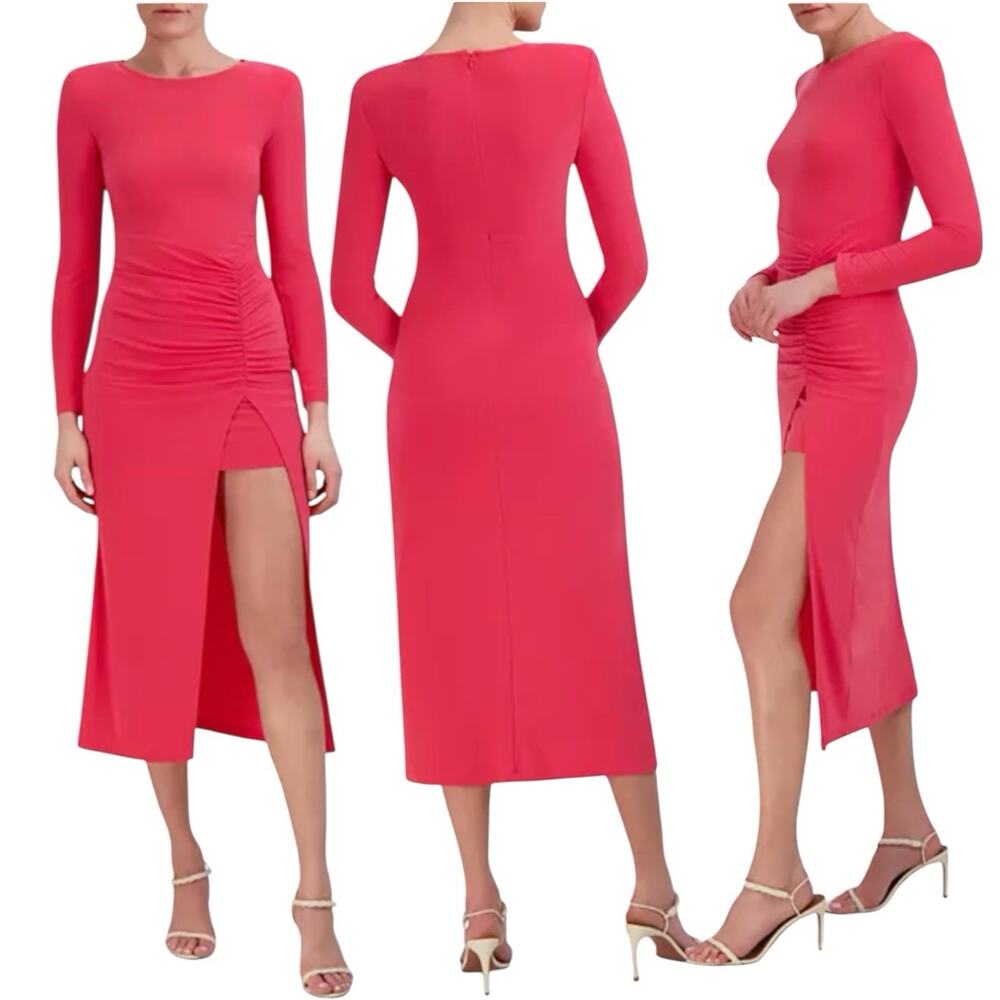 BCBGMAXAZRIA Ruched Long Sleeve Midi Dress Pink S Cocktail Party Evening